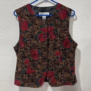 Vintage Norton McNaughton Floral Velvet Vest Brown Red 10 USA Academia Steampunk
